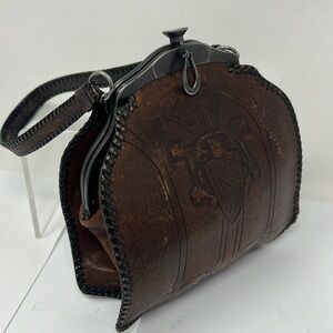 Vintage 1920’s Hand Tooled Brown Leather Purse Metal Snap Frame Closure